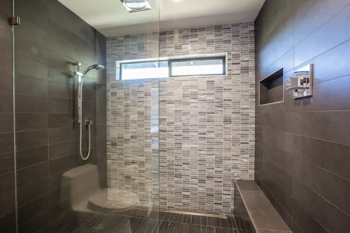 A gorgeous modern shower installation in Vallejo, California with patterned tile